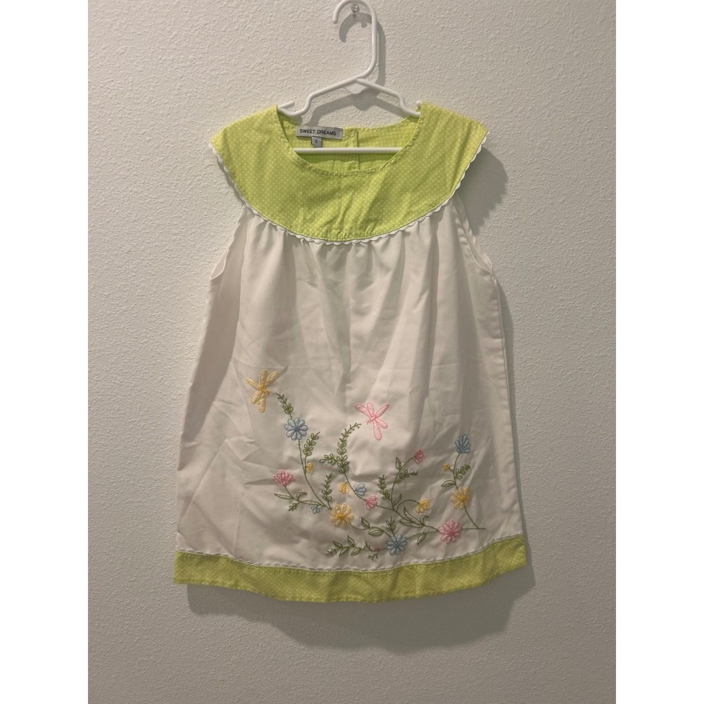 Sweet Dreams Girls Size 6 Dress White Floral Embroidered Lime Polka Dot‎